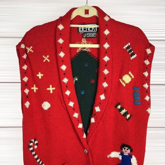 BEREK Vintage Hand Knit in Uruguay Christmas Holiday Red Wool Button Down Vest - Picture 3 of 15